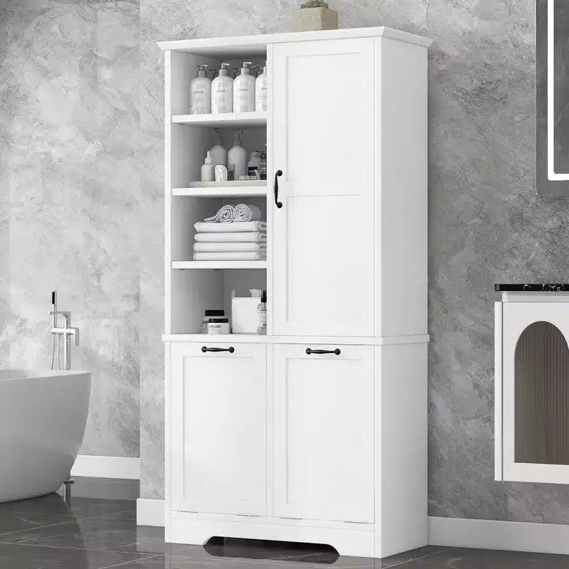 Mobile contenitore da bagno autoportante bianco/nero con cesto portabiancheria inclinabile, 1 persona