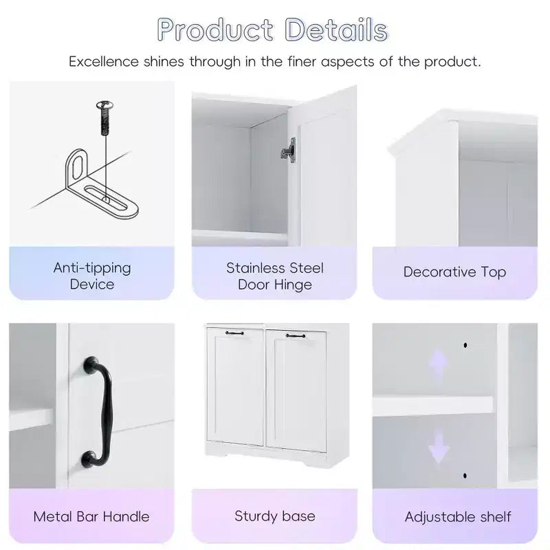 Mobile contenitore da bagno autoportante bianco/nero con cesto portabiancheria inclinabile, 1 persona