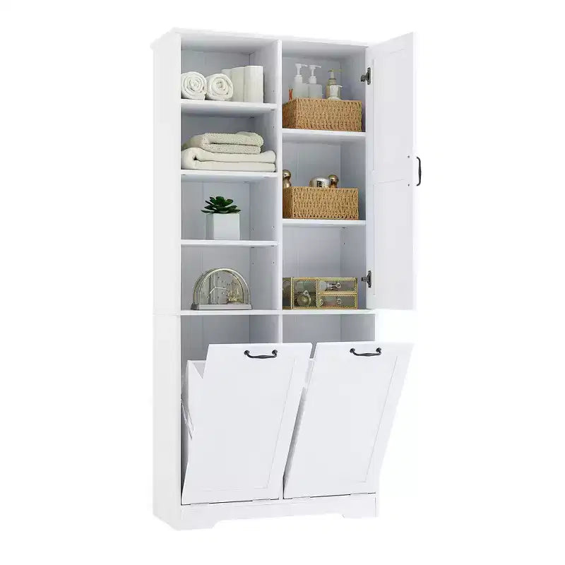 Mobile contenitore da bagno autoportante bianco/nero con cesto portabiancheria inclinabile, 1 persona