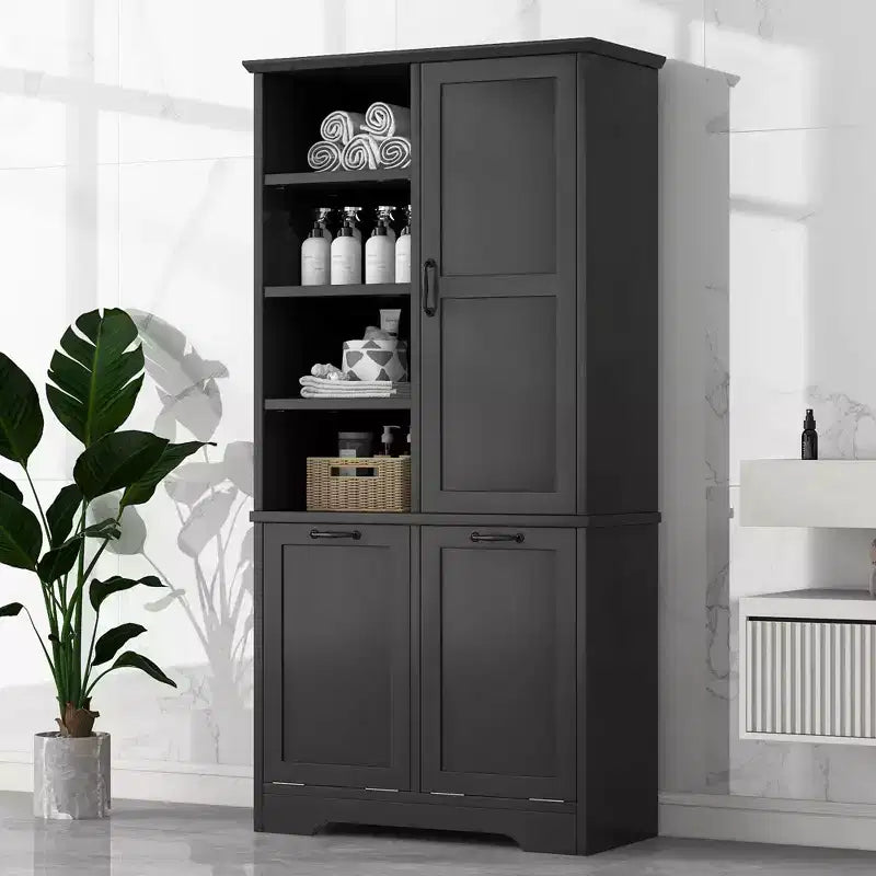 Mobile contenitore da bagno autoportante bianco/nero con cesto portabiancheria inclinabile, 1 persona