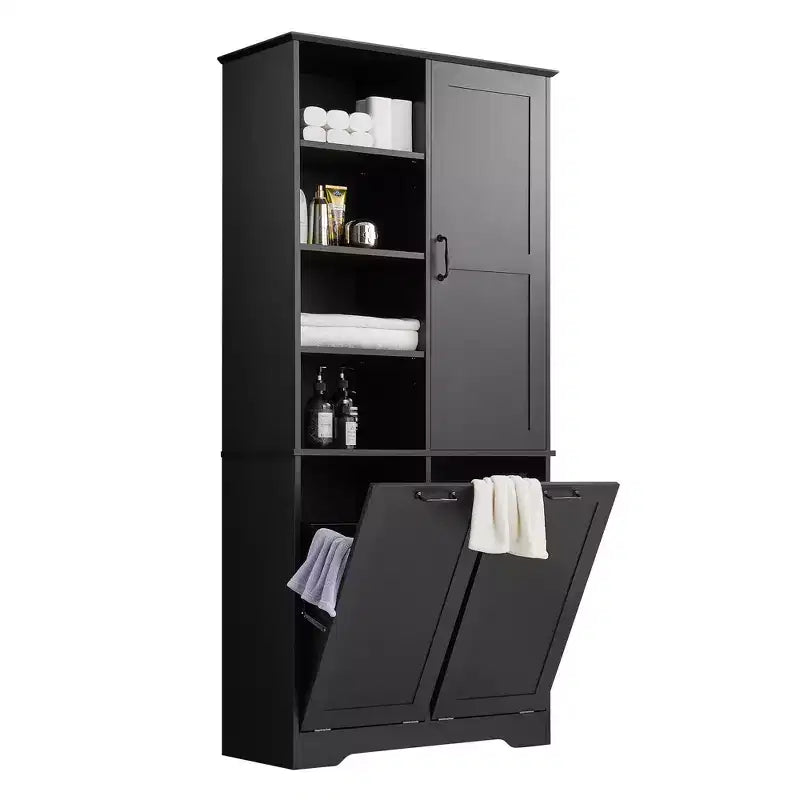 Mobile contenitore da bagno autoportante bianco/nero con cesto portabiancheria inclinabile, 1 persona