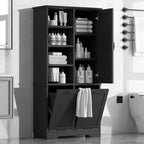 Mobile contenitore da bagno autoportante bianco/nero con cesto portabiancheria inclinabile, 1 persona