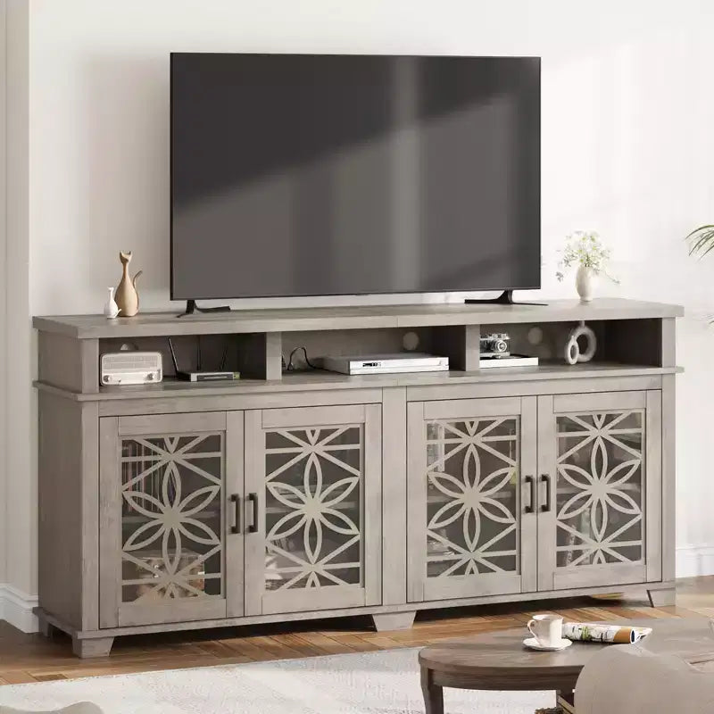 Mid Century Modern Entertainment Center with LED Lights & Glass Doors, Ash Grey Wooden Media Console Cabinet with Storage for Living Room Bedroom