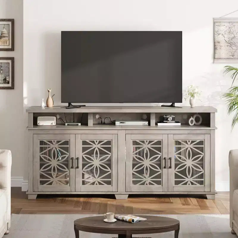 Mobile TV grigio cenere con ante in vetro floreale, adatto per TV fino a 80"