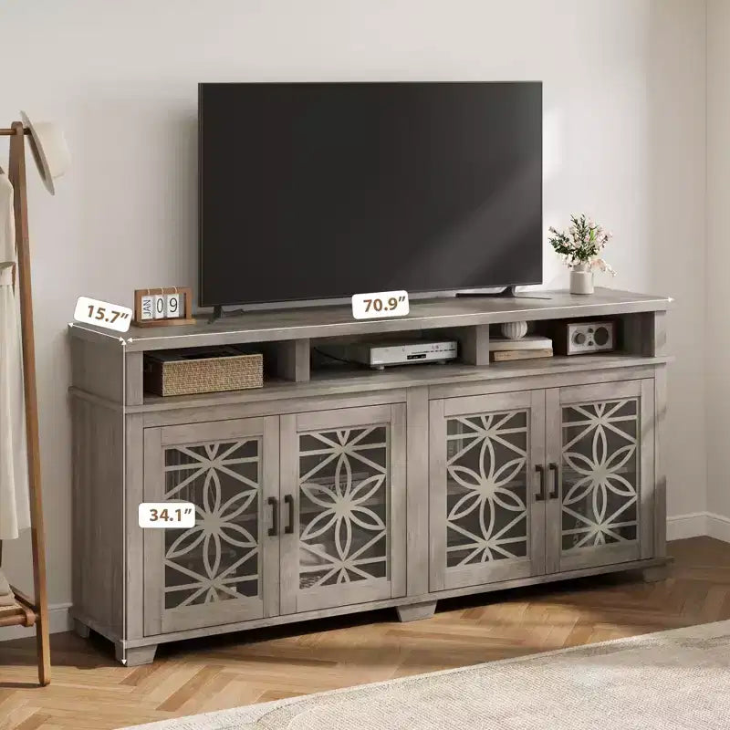 Mobile TV grigio cenere con ante in vetro floreale, adatto per TV fino a 80"