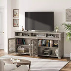 Mobile TV grigio cenere con ante in vetro floreale, adatto per TV fino a 80"