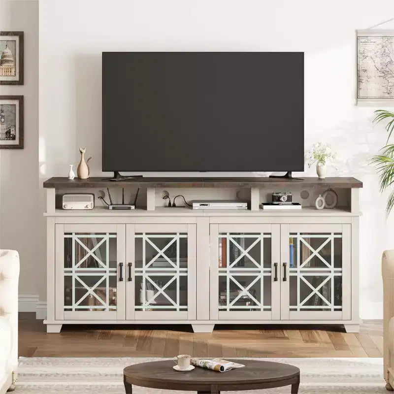 Mobile TV grigio cenere con ante in vetro floreale, adatto per TV fino a 80"
