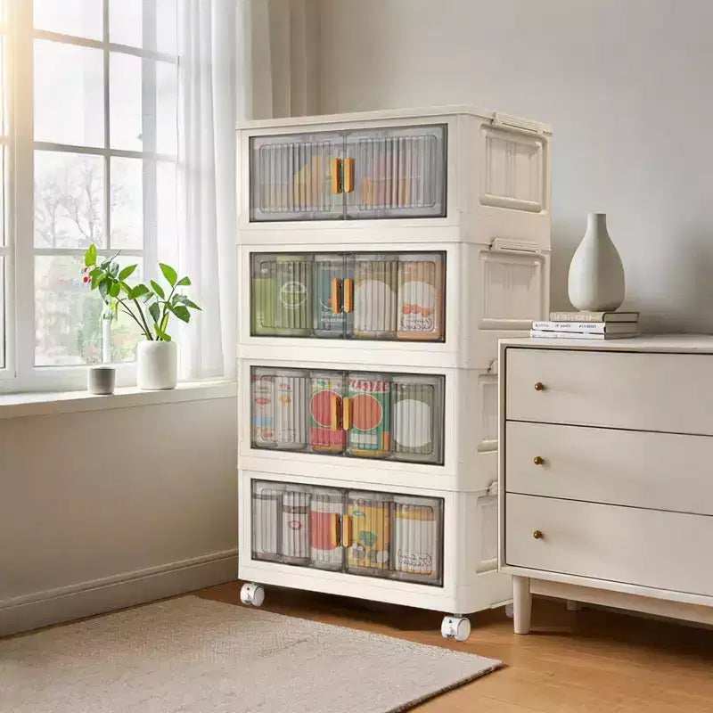 Armadietto portaoggetti pieghevole a 4 ripiani beige con ruote a 360°, a doppia anta, in plastica PP