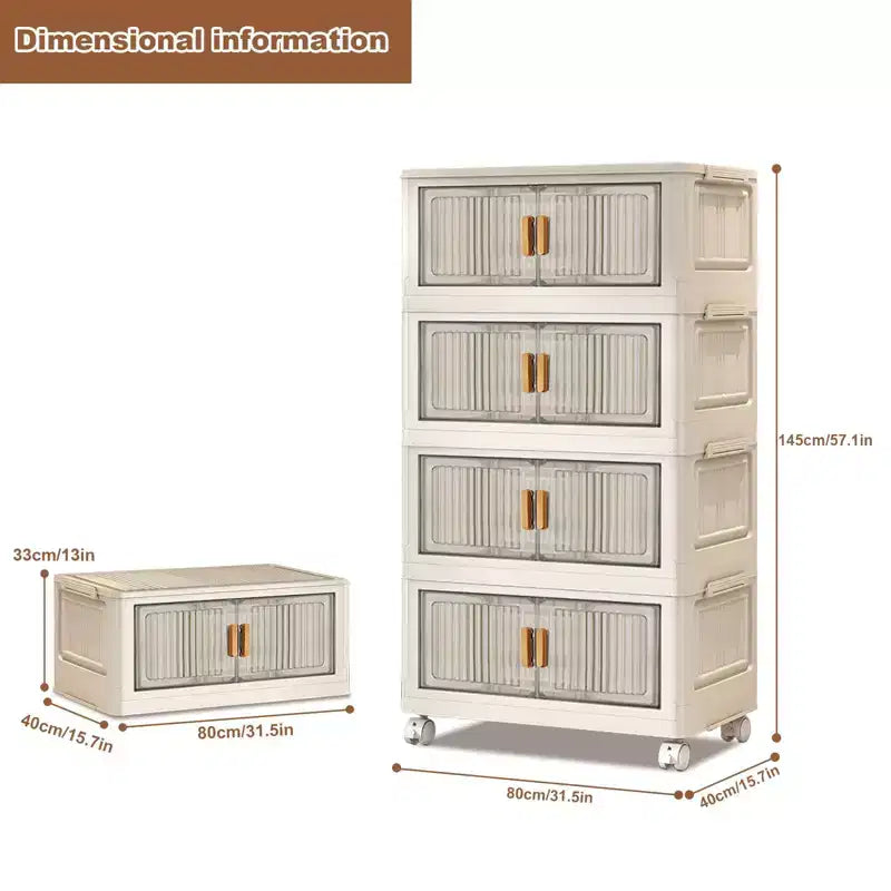 Armadietto portaoggetti pieghevole a 4 ripiani beige con ruote a 360°, a doppia anta, in plastica PP