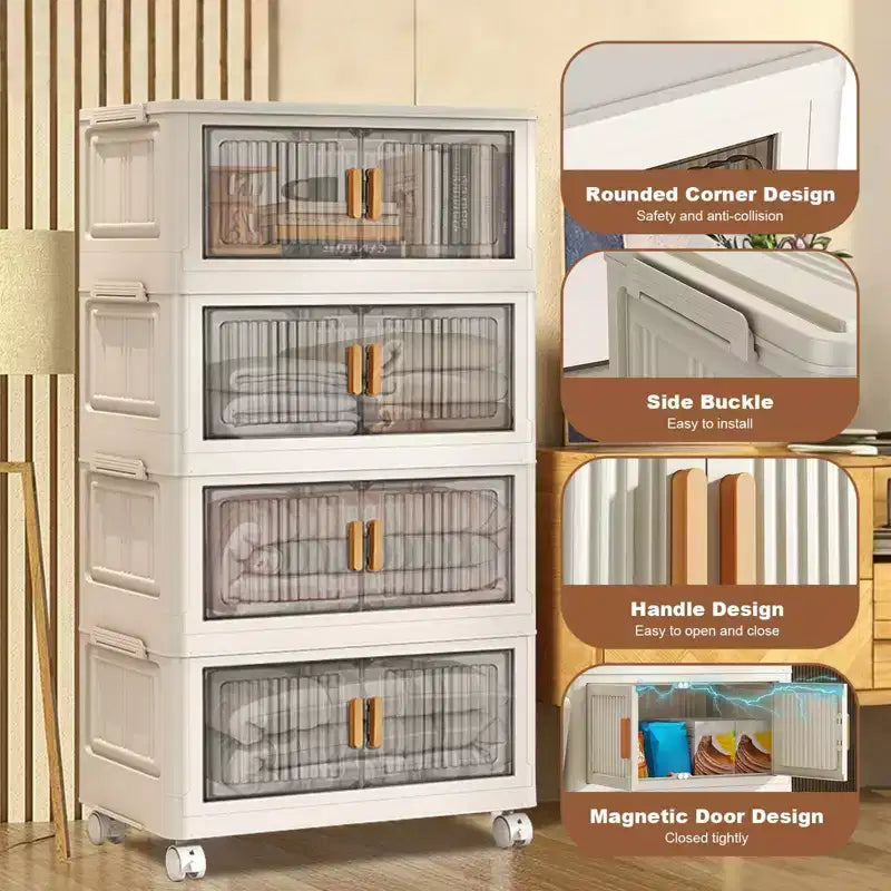 Armadietto portaoggetti pieghevole a 4 ripiani beige con ruote a 360°, a doppia anta, in plastica PP