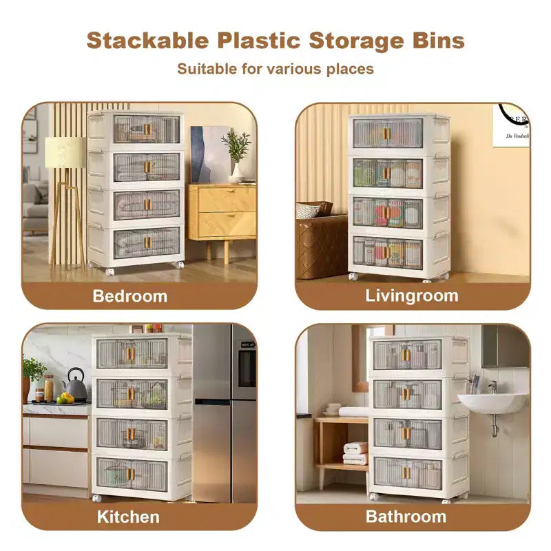 Armadietto portaoggetti pieghevole a 4 ripiani beige con ruote a 360°, a doppia anta, in plastica PP
