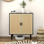 Credenza/Madia con ante in Rattan Naturale/Nero e 2 Ripiani