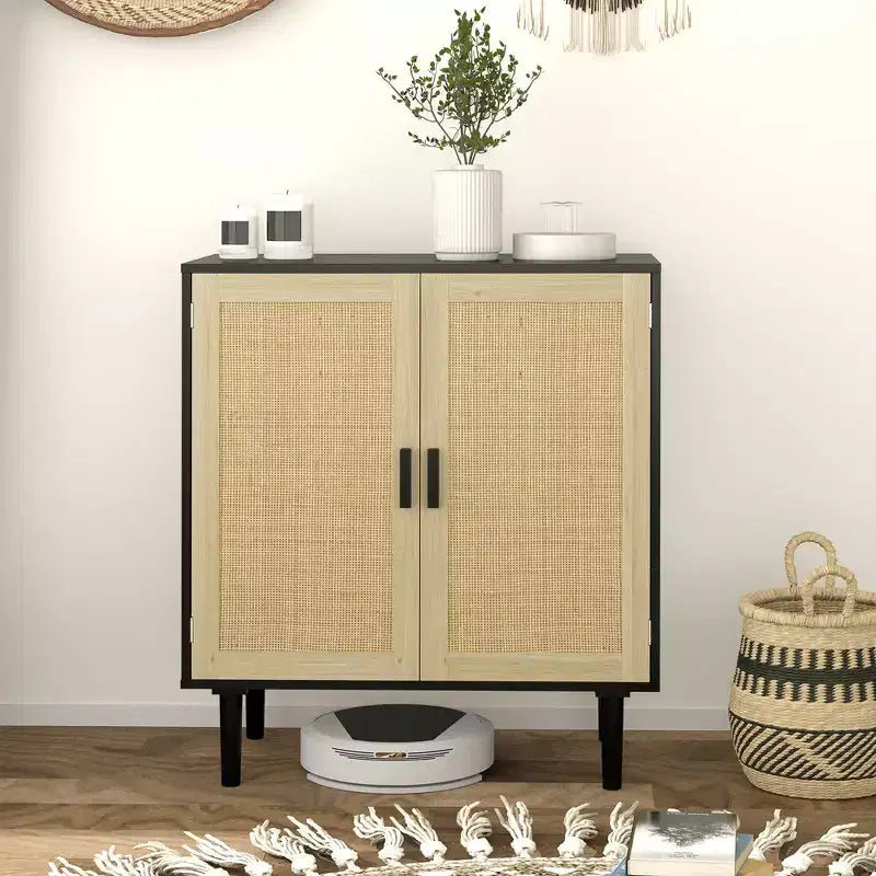 Credenza/Madia con ante in Rattan Naturale/Nero e 2 Ripiani