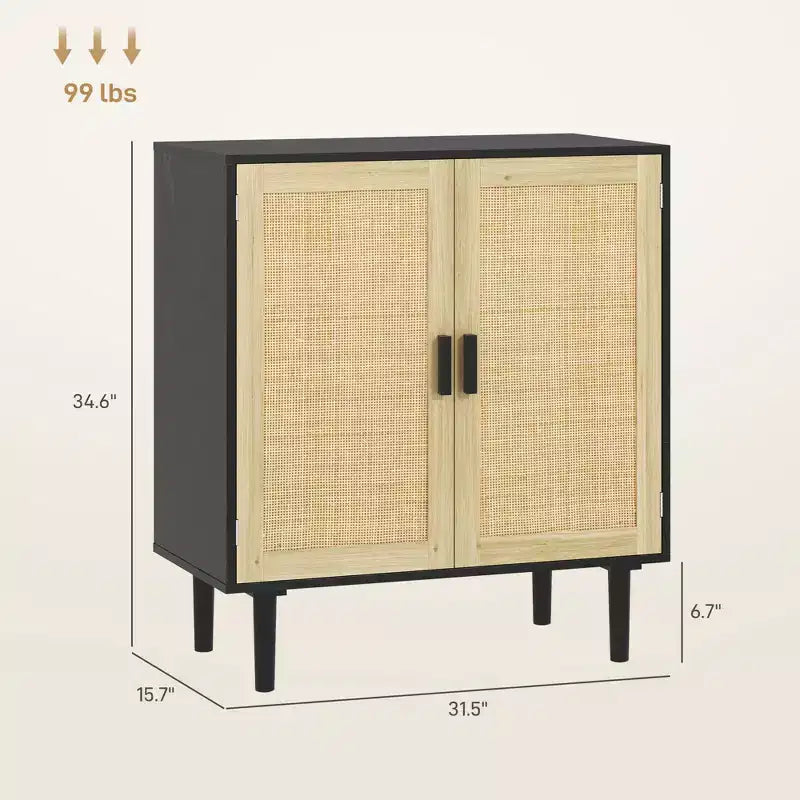 Credenza/Madia con ante in Rattan Naturale/Nero e 2 Ripiani