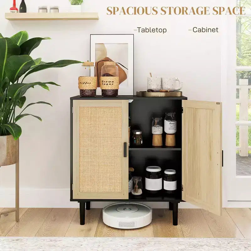 Credenza/Madia con ante in Rattan Naturale/Nero e 2 Ripiani