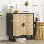Credenza/Madia con ante in Rattan Naturale/Nero e 2 Ripiani