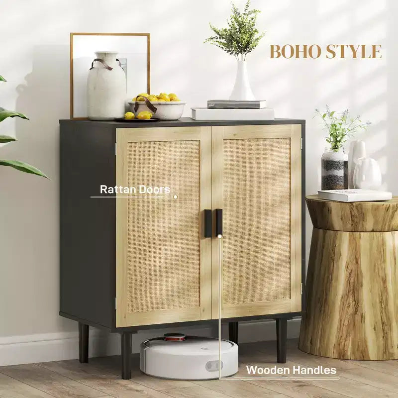 Credenza/Madia con ante in Rattan Naturale/Nero e 2 Ripiani