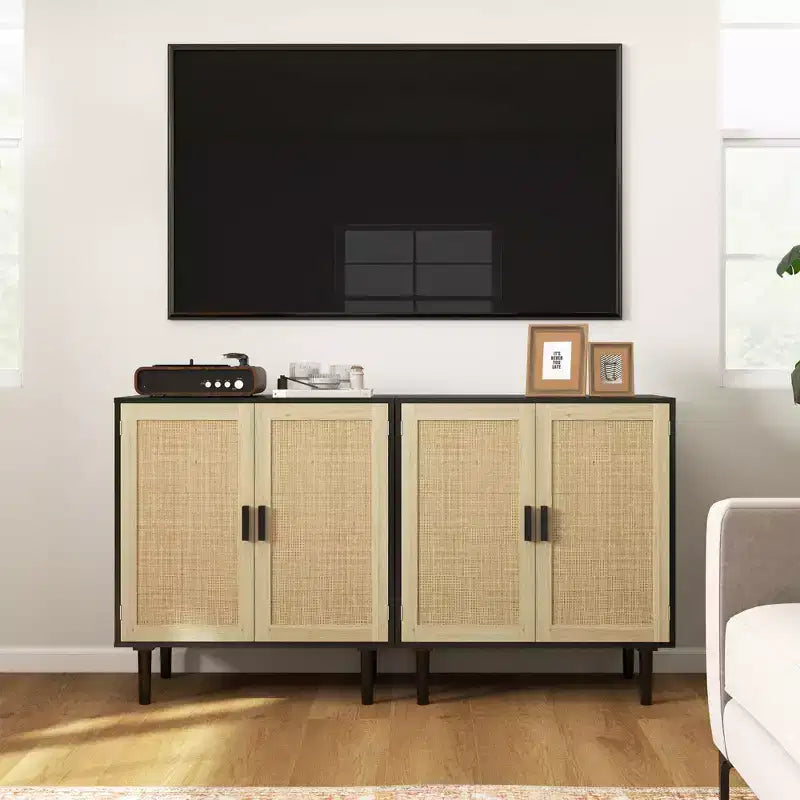 Credenza/Madia con ante in Rattan Naturale/Nero e 2 Ripiani