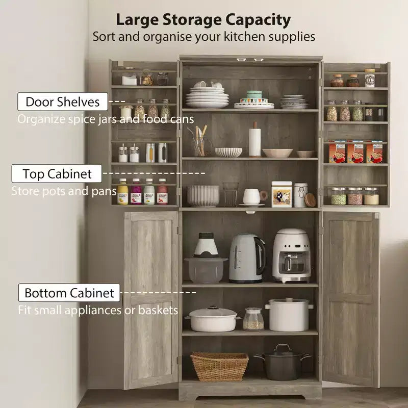Credenza da dispensa da fattoria con 4 ante scorrevoli, alta 183 cm, venatura del legno bianco goffrato/finitura grigio lavato