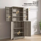 Credenza da dispensa da fattoria con 4 ante scorrevoli, alta 183 cm, venatura del legno bianco goffrato/finitura grigio lavato