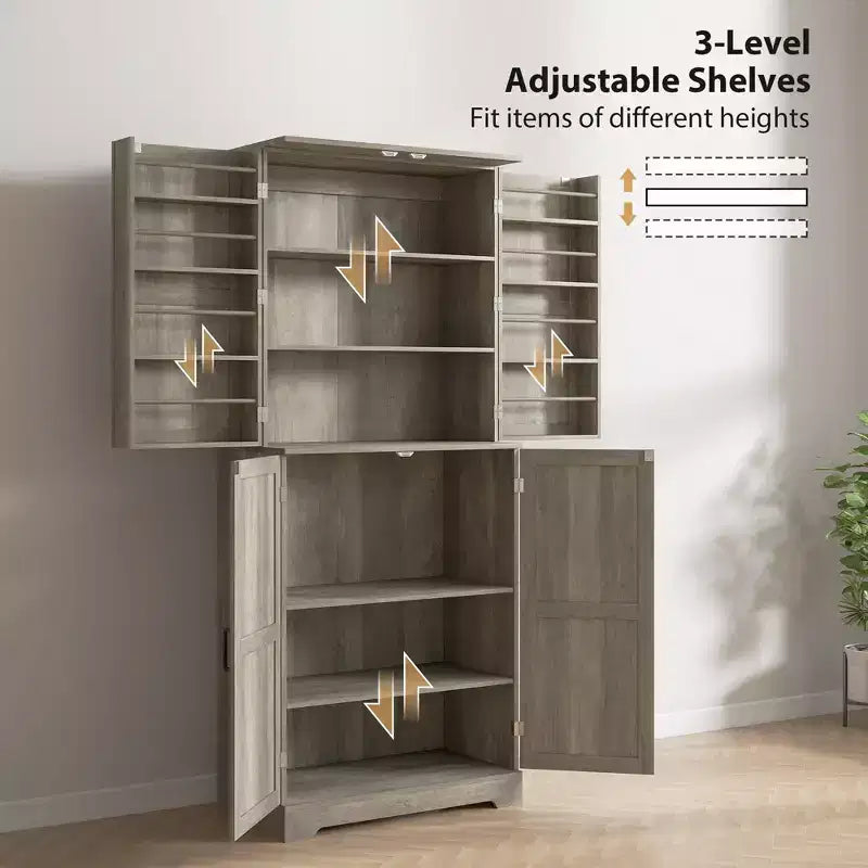 Credenza da dispensa da fattoria con 4 ante scorrevoli, alta 183 cm, venatura del legno bianco goffrato/finitura grigio lavato