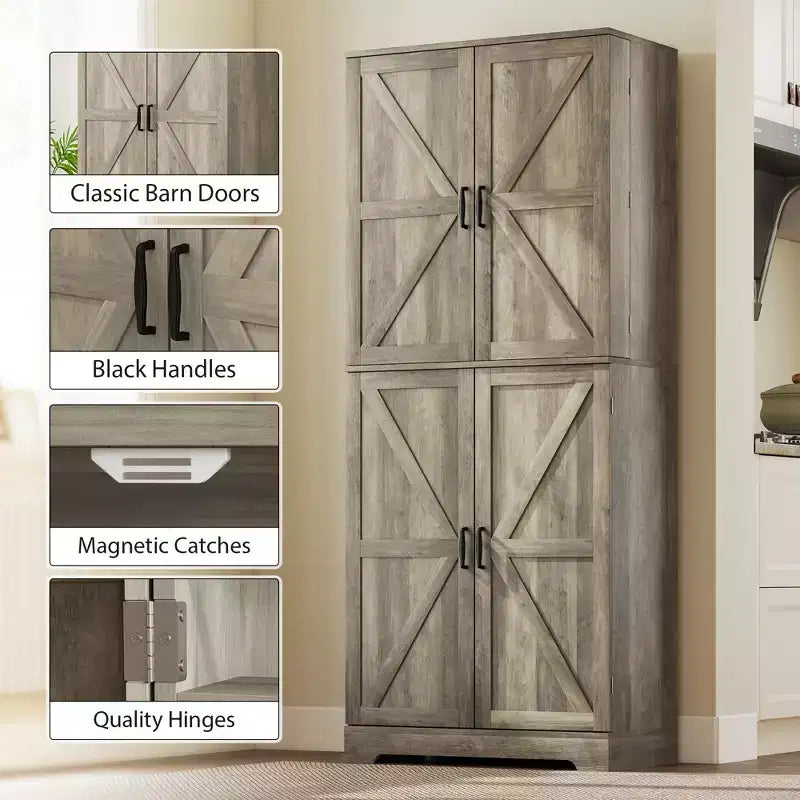 Credenza da dispensa da fattoria con 4 ante scorrevoli, alta 183 cm, venatura del legno bianco goffrato/finitura grigio lavato
