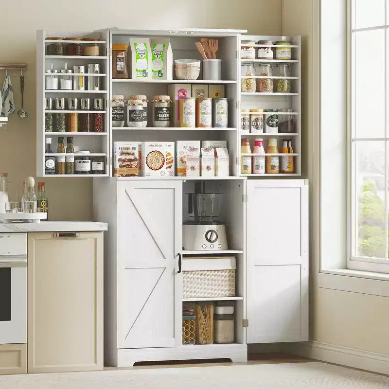 Credenza da dispensa da fattoria con 4 ante scorrevoli, alta 183 cm, venatura del legno bianco goffrato/finitura grigio lavato