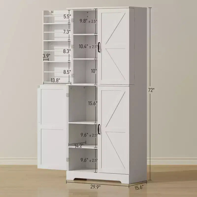 Credenza da dispensa da fattoria con 4 ante scorrevoli, alta 183 cm, venatura del legno bianco goffrato/finitura grigio lavato
