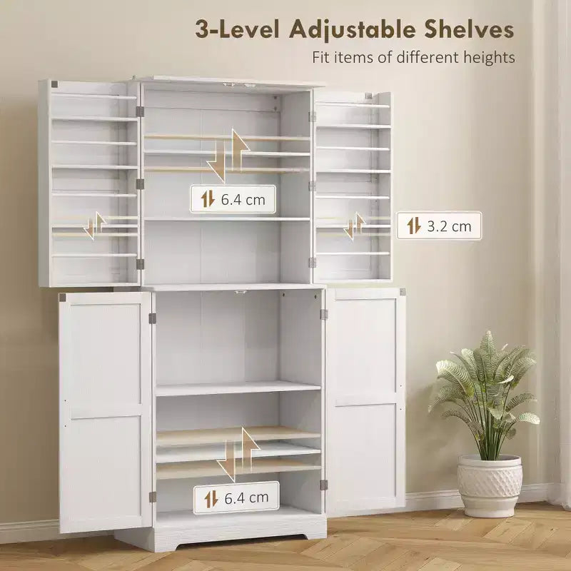 Credenza da dispensa da fattoria con 4 ante scorrevoli, alta 183 cm, venatura del legno bianco goffrato/finitura grigio lavato