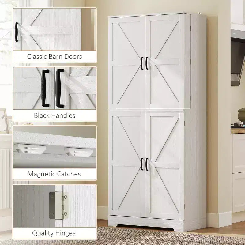 Credenza da dispensa da fattoria con 4 ante scorrevoli, alta 183 cm, venatura del legno bianco goffrato/finitura grigio lavato