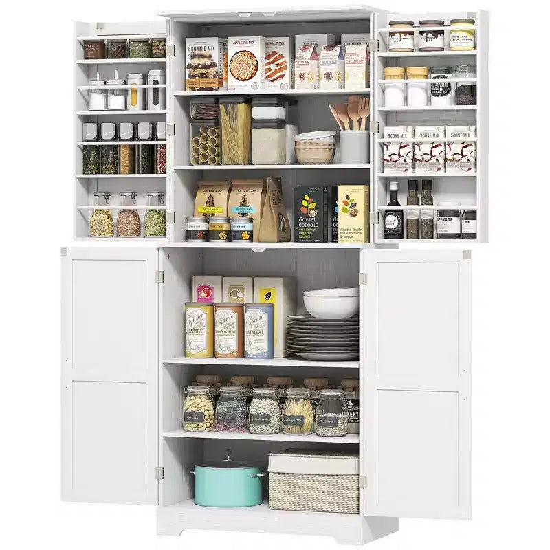 Farmhouse Kitchen Pantry, 72 Tall Pantry Cabinet with 4 Barn Doors, 4 Adjustable Shelves and 8 Door Shelves Wash