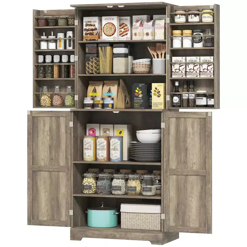 Credenza da dispensa da fattoria con 4 ante scorrevoli, alta 183 cm, venatura del legno bianco goffrato/finitura grigio lavato