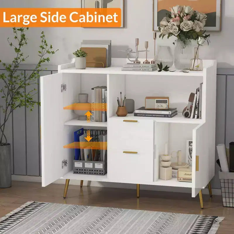 Credenza/mobile buffet in legno bianco/nero con 2 cassetti e 2 ante, armadietto a 1 anta