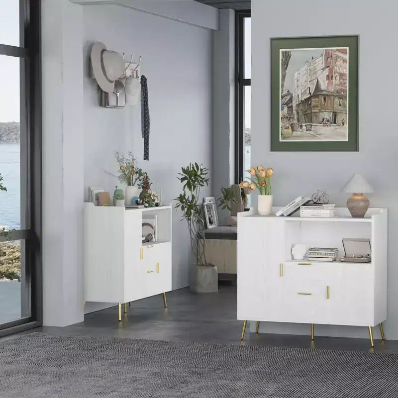 Credenza/mobile buffet in legno bianco/nero con 2 cassetti e 2 ante, armadietto a 1 anta