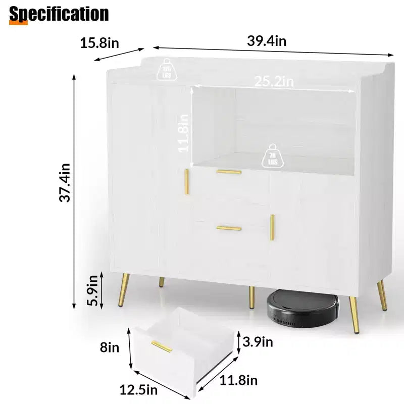 Credenza/mobile buffet in legno bianco/nero con 2 cassetti e 2 ante, armadietto a 1 anta