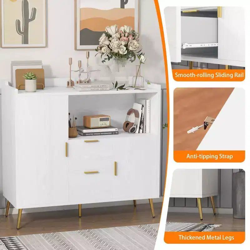 Credenza/mobile buffet in legno bianco/nero con 2 cassetti e 2 ante, armadietto a 1 anta
