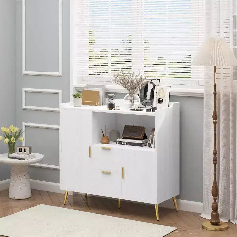 Credenza/mobile buffet in legno bianco/nero con 2 cassetti e 2 ante, armadietto a 1 anta