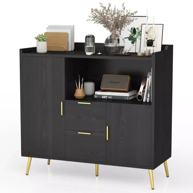 Credenza/mobile buffet in legno bianco/nero con 2 cassetti e 2 ante, armadietto a 1 anta
