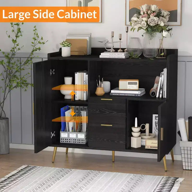 Credenza/mobile buffet in legno bianco/nero con 2 cassetti e 2 ante, armadietto a 1 anta