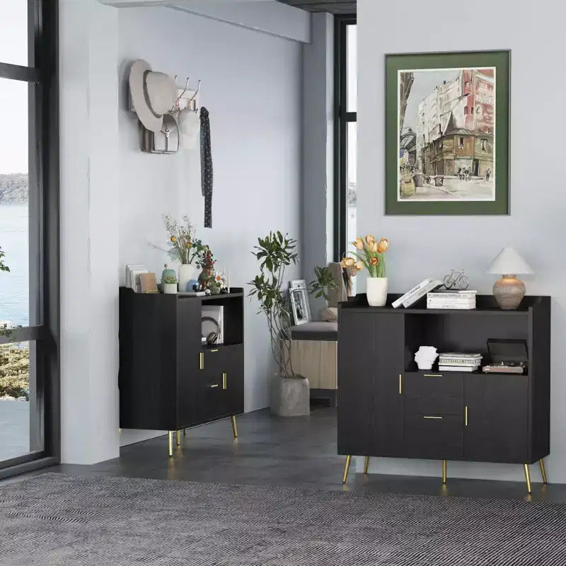 Credenza/mobile buffet in legno bianco/nero con 2 cassetti e 2 ante, armadietto a 1 anta