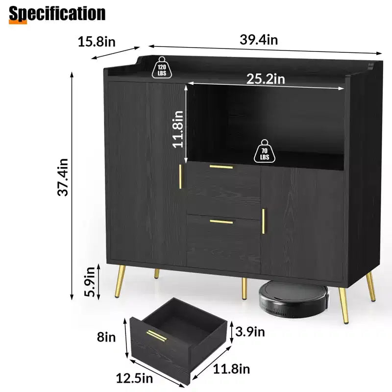 Credenza/mobile buffet in legno bianco/nero con 2 cassetti e 2 ante, armadietto a 1 anta