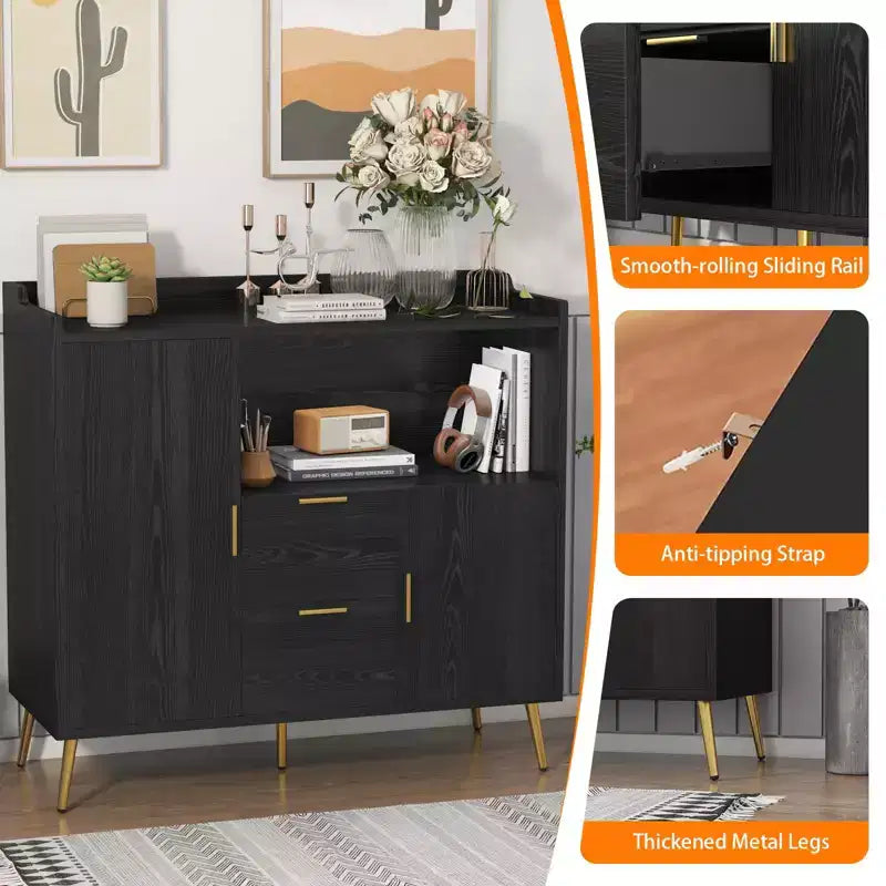 Credenza/mobile buffet in legno bianco/nero con 2 cassetti e 2 ante, armadietto a 1 anta