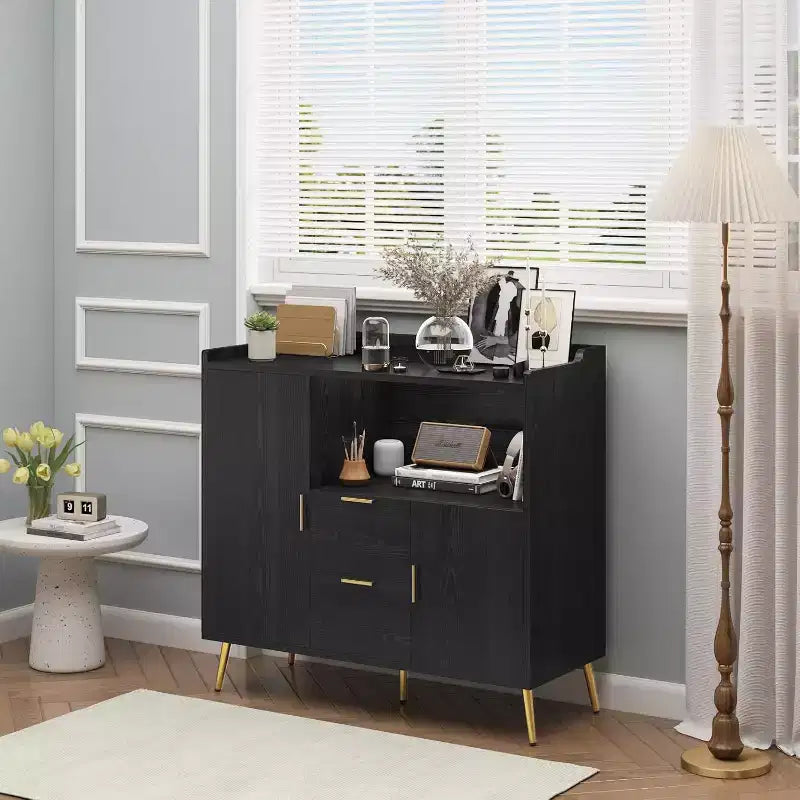 Credenza/mobile buffet in legno bianco/nero con 2 cassetti e 2 ante, armadietto a 1 anta