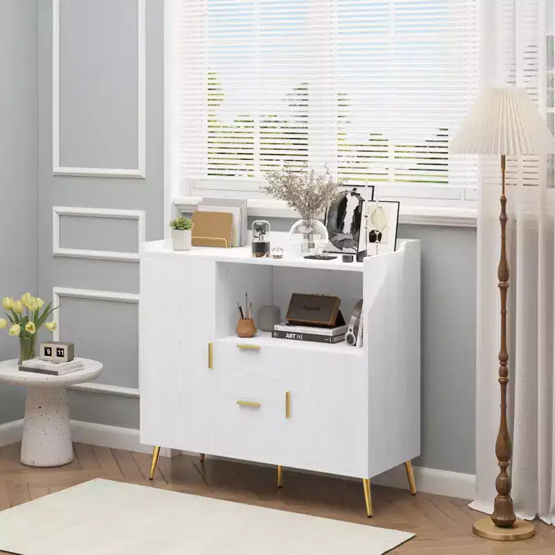 Credenza/mobile buffet in legno bianco/nero con 2 cassetti e 2 ante, armadietto a 1 anta