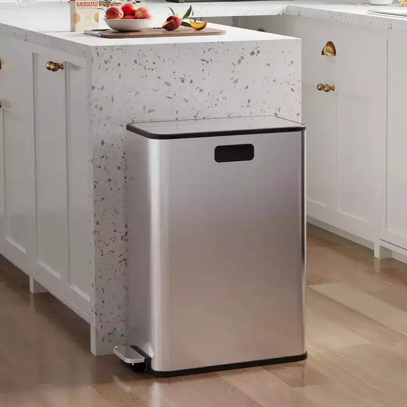 Pattumiera a Pedale a Doppio Scomparto in Acciaio Inox Argento, 2 Flussi, Monouso