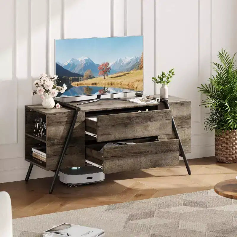 Mobile TV marrone rovere con 2 cassetti e gambe a U, adatto a TV fino a 65 pollici