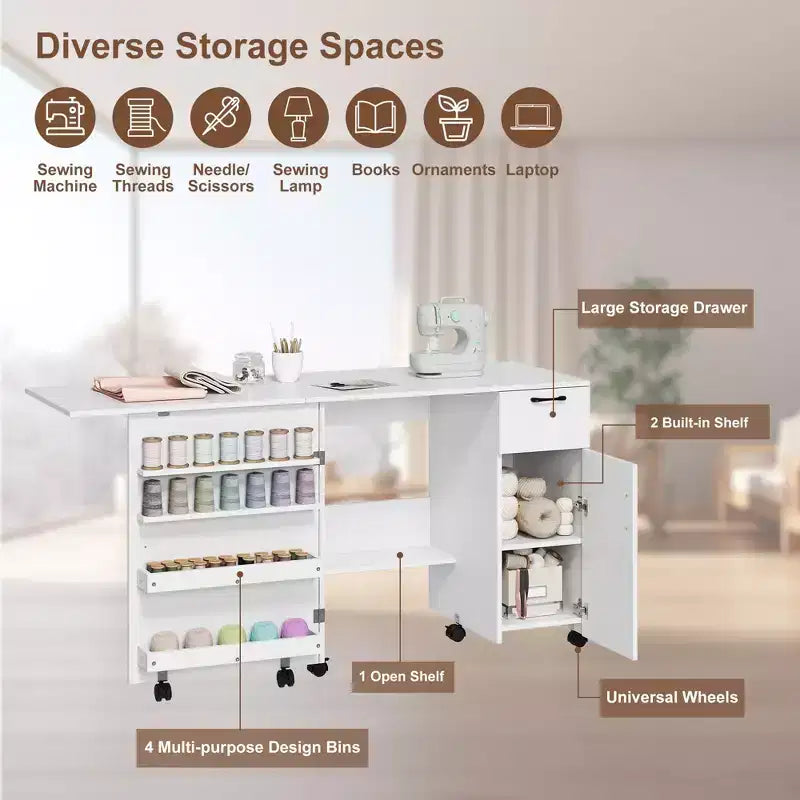 Tavolo da cucito e bricolage pieghevole Natural con contenitore, 1 persona