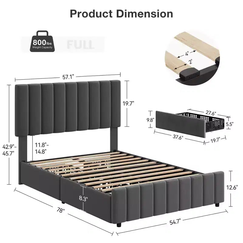 Struttura letto imbottita in lino nero/grigio/bianco con 4 cassetti contenitore | Matrimoniale/Queen/King | Per 1-2 persone