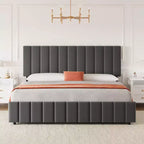Struttura letto imbottita in lino nero/grigio/bianco con 4 cassetti contenitore | Matrimoniale/Queen/King | Per 1-2 persone
