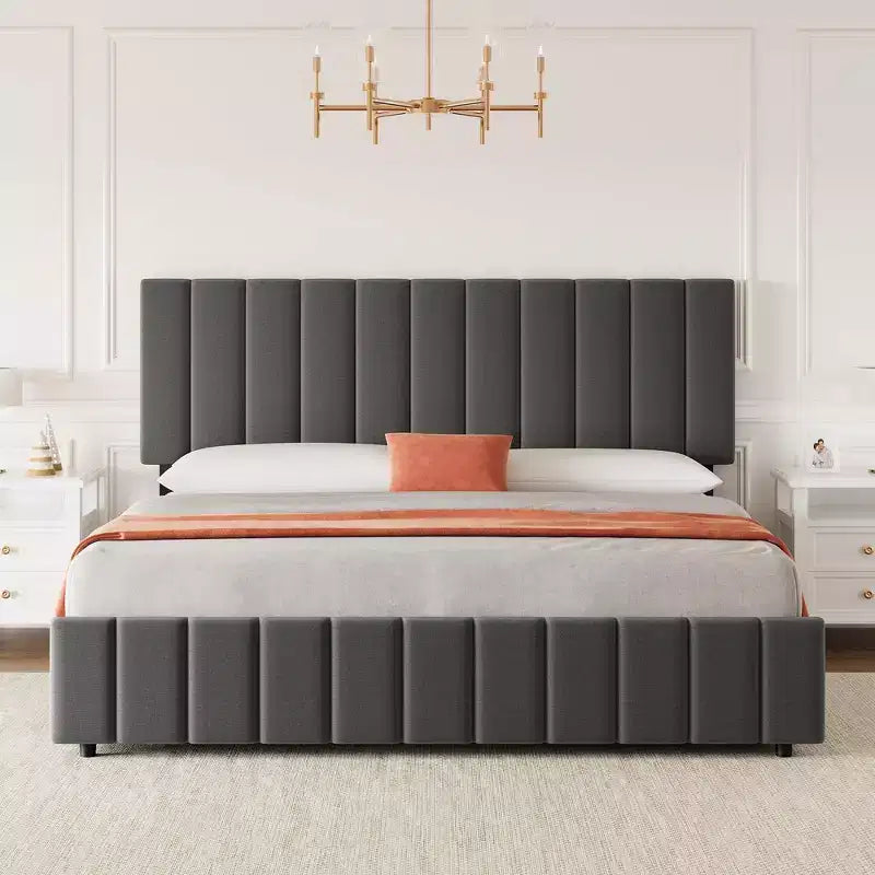 Struttura letto imbottita in lino nero/grigio/bianco con 4 cassetti contenitore | Matrimoniale/Queen/King | Per 1-2 persone
